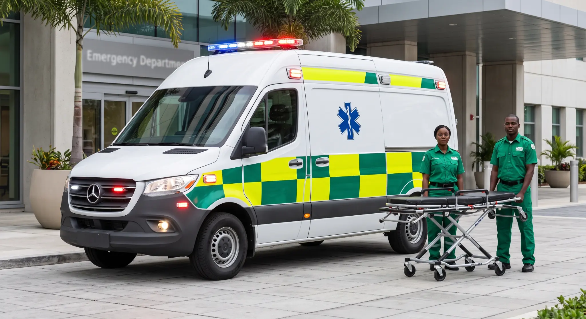 High-visibility medical response ambulance with rooftop siren and emergency light bar