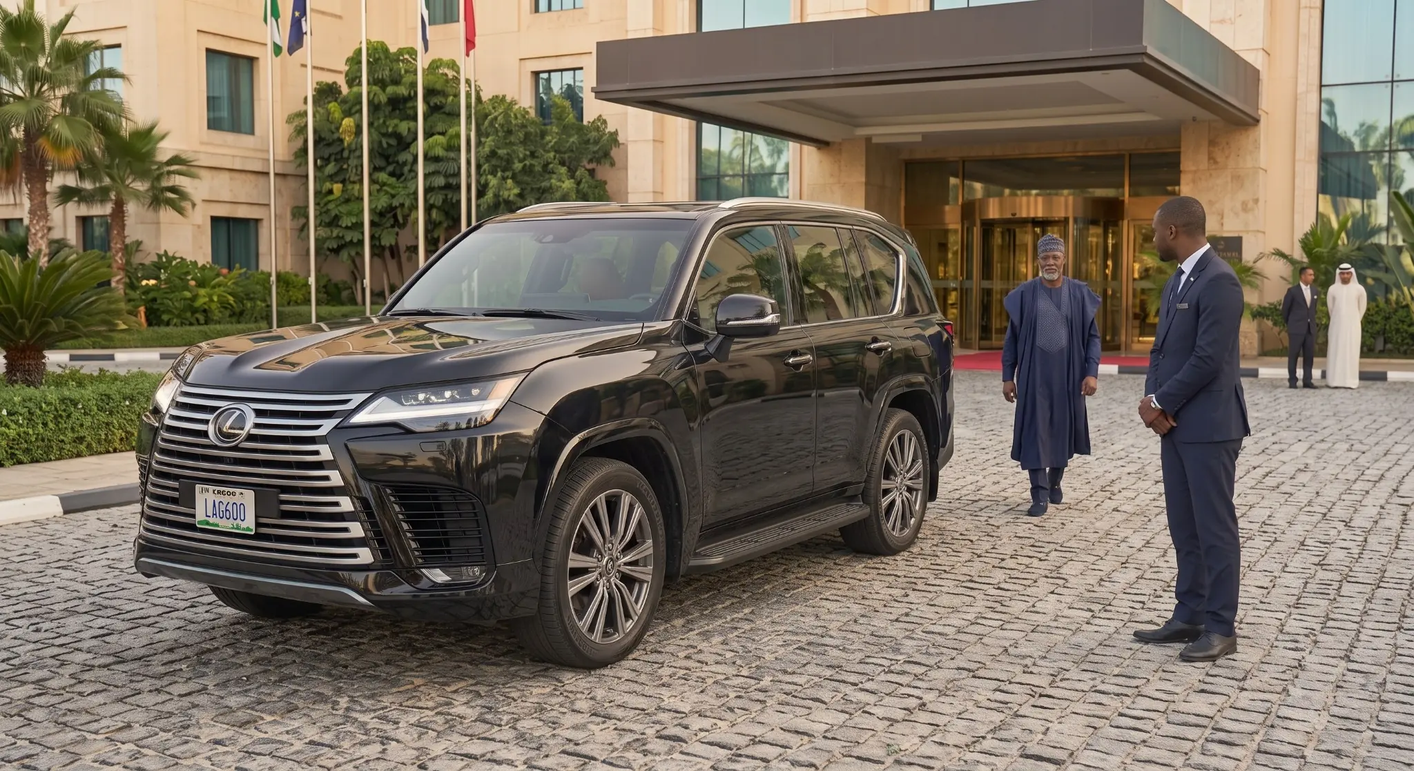 Single black premium SUV with an executive passenger approaching a suited chauffeur at a hotel entrance