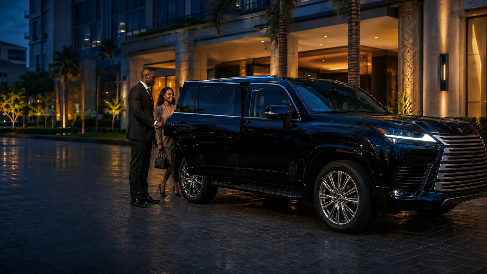 Professional chauffeur welcoming a client beside a black premium SUV
